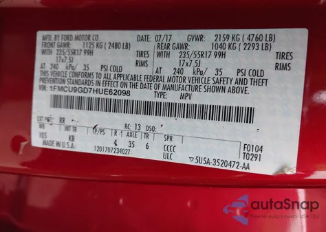 2017 Ford Escape Se z USA, uszkodzony, nr VIN 1FMCU9GD7HUE62098